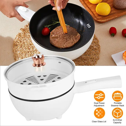 Electric Hot Pot Non-Stick Frying Pan Portable Rapid Noodles Cooker With Long Handle Steamer Spatula Dual Power Control Overheat Dry-Boil Protection For College Dorm Room Essential GPCT5386