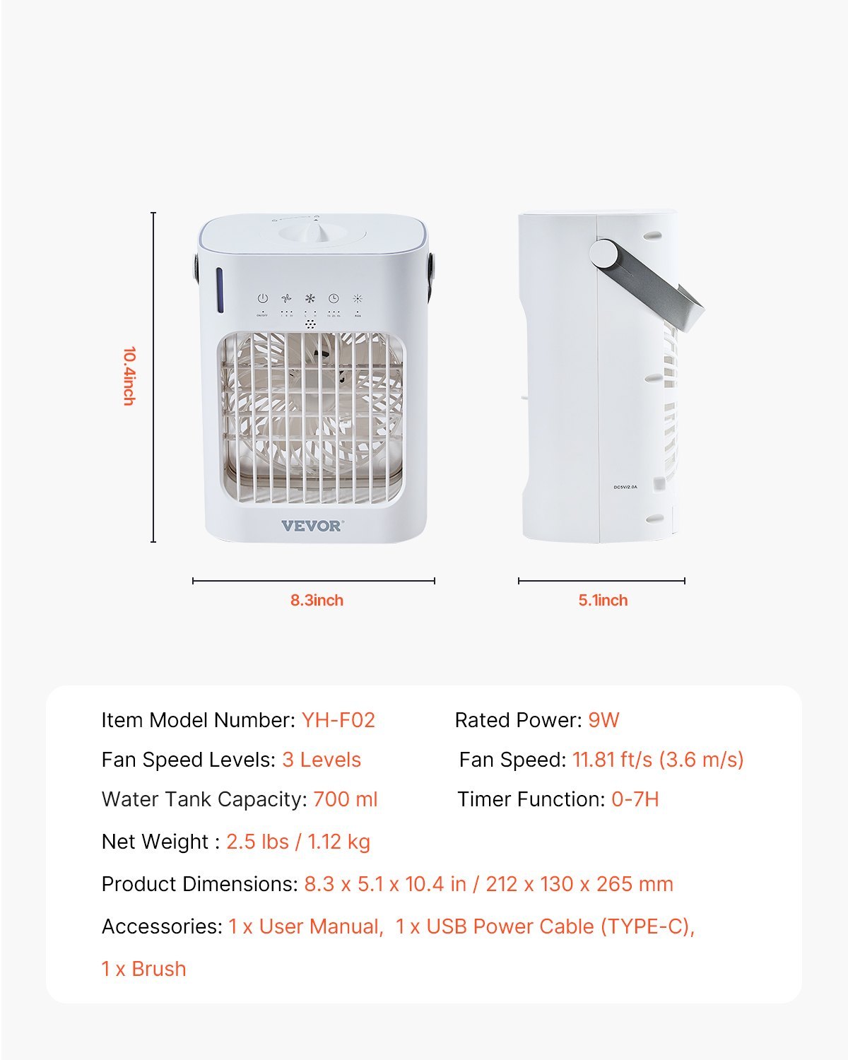 Portable Air Conditioner 4-in-1 Evaporative Air Cooler 700ml Water Tank