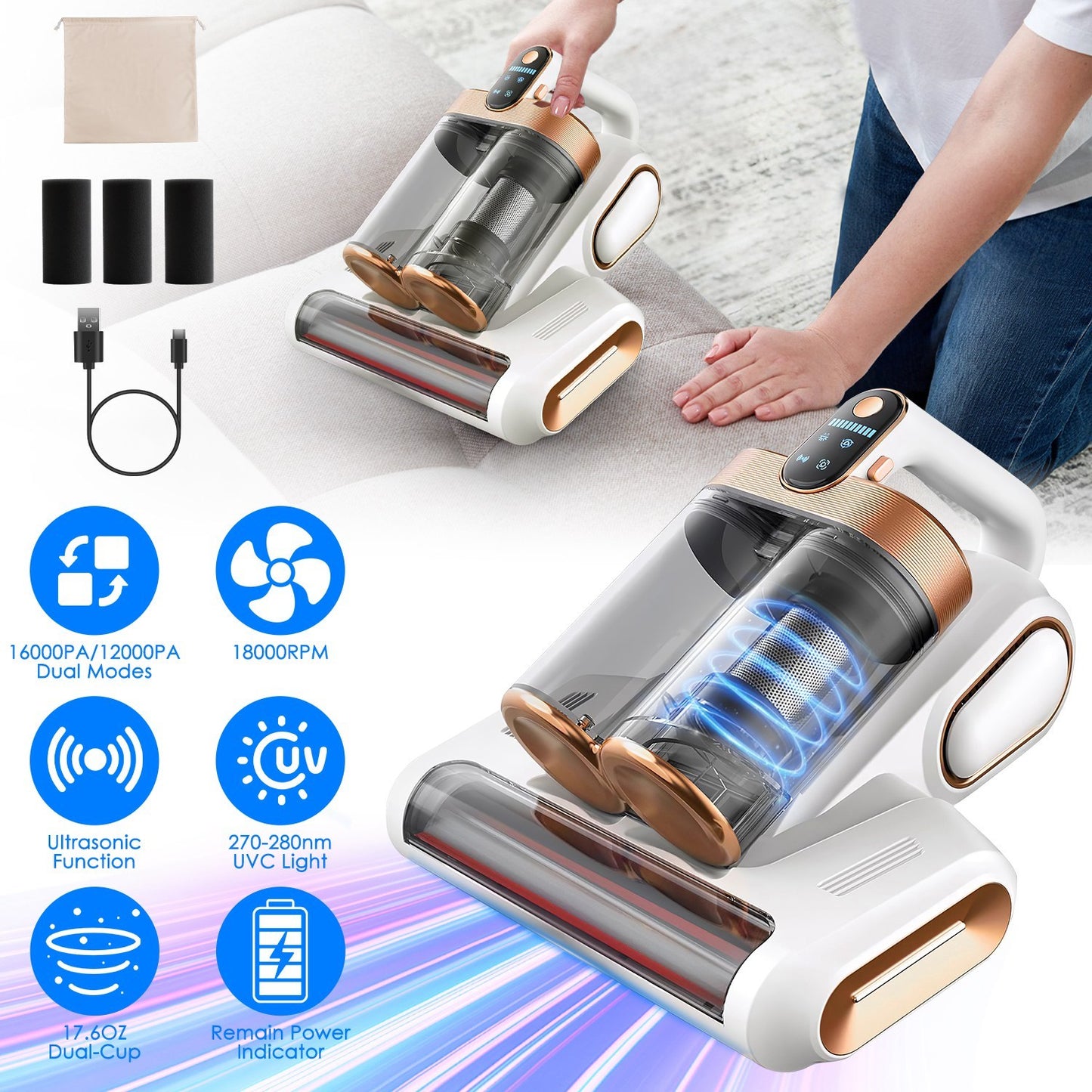 Handheld Mattress Vacuum Cleaner with UV Light & Powerful Suction