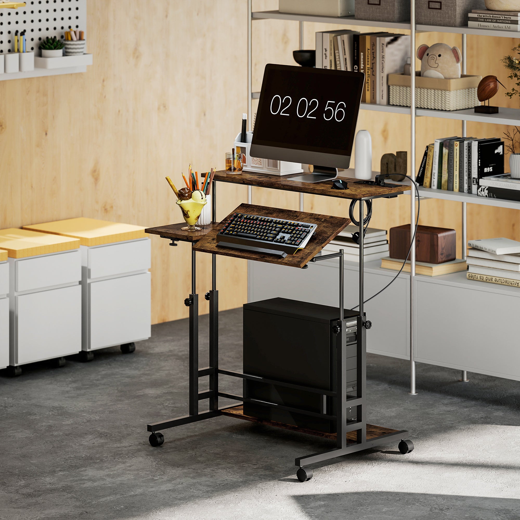 Adjustable Standing Desk With Power Outlets, Stand Up Desk With Tiltable Tabletop, Wheels, Shelf, For Home Office, Brown
